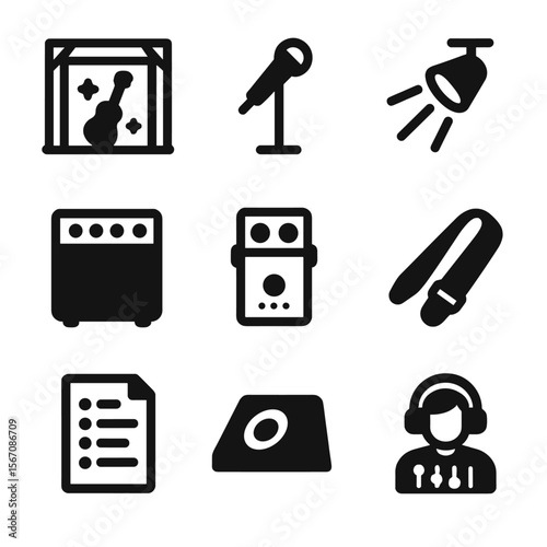 Guitar Performance Icon Set. Solid, filled icon set of guitar performance: stage, microphone, spotlight, guitar amp, pedal board,