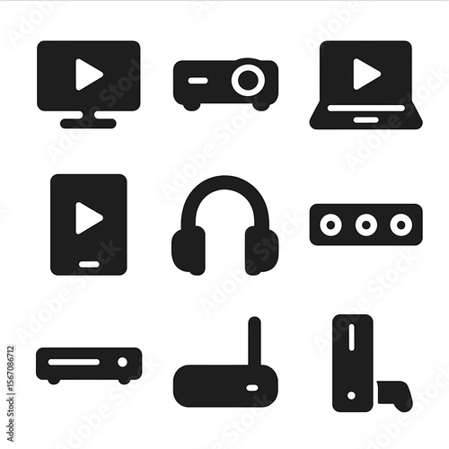 Movie Device Icons. Solid, filled icon set of movie watching devices: television, projector, laptop, tablet, headphones, soundbar,