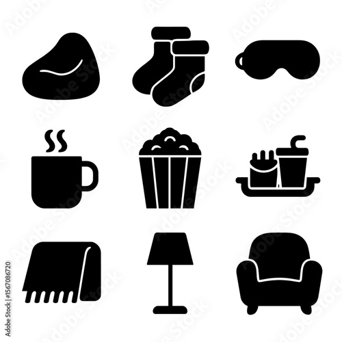 Movie Night Essentials. Solid, filled icon set of movie night comfort: bean bag, cozy socks, eye mask, hot drink, popcorn bucket,