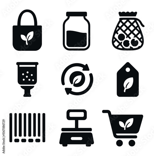 Eco Shopping Icons. Solid, filled icons set of eco shopping: cloth bag, refill jar, produce bag, bulk bin,