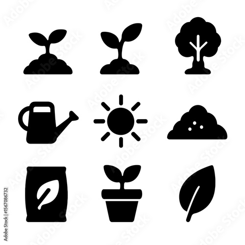 Growth Icons Grid. Solid, filled icon set of growth: seedling, sprout, tree, watering can, sun, soil, fertilizer bag, plant pot,