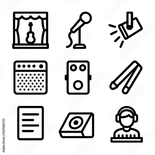 Guitar Performance Icon Set. Solid, filled icon set of guitar performance: stage, microphone, spotlight, guitar amp, pedal board,