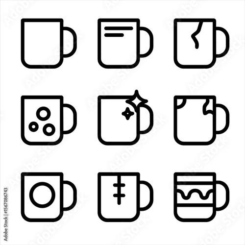 Mug Icon Collection. Solid, filled icon set of mugs in different conditions: new mug, used mug, cracked mug, stained mug, cleaned