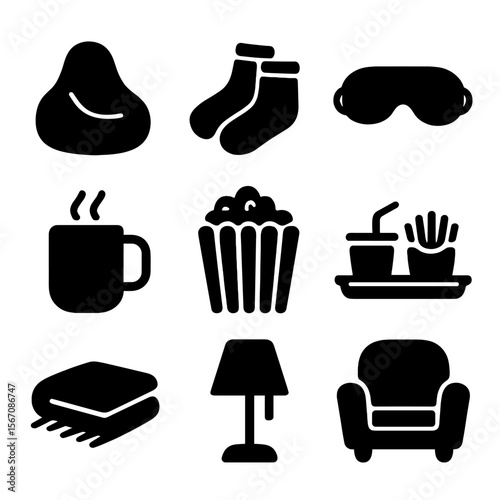 Movie Night Essentials. Solid, filled icon set of movie night comfort: bean bag, cozy socks, eye mask, hot drink, popcorn bucket,
