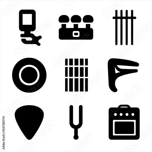 Guitar Tuning Icons. Solid, filled icon set of tuning a guitar: guitar tuner, tuning pegs, guitar strings, sound hole, fretboard,