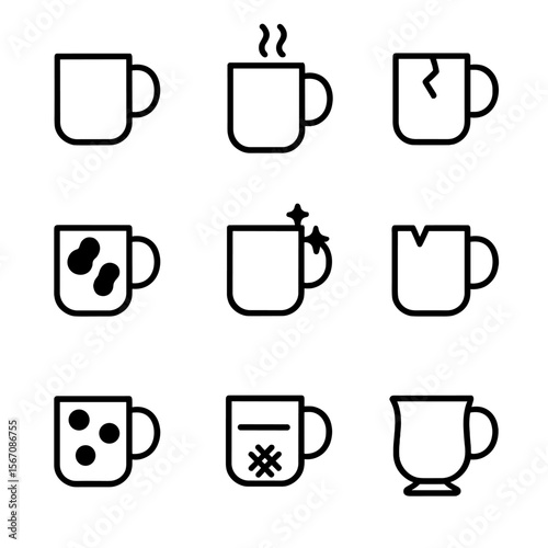 Mug Icon Collection. Solid, filled icon set of mugs in different conditions: new mug, used mug, cracked mug, stained mug, cleaned