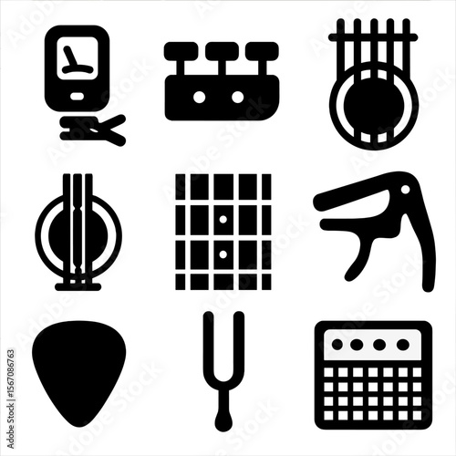 Guitar Tuning Icons. Solid, filled icon set of tuning a guitar: guitar tuner, tuning pegs, guitar strings, sound hole, fretboard,