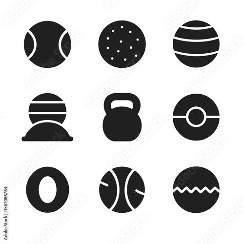 Gym Balls Icon Set. Solid, filled icon set of training and gym balls: medicine ball, slam ball, yoga ball, balance ball, weighted