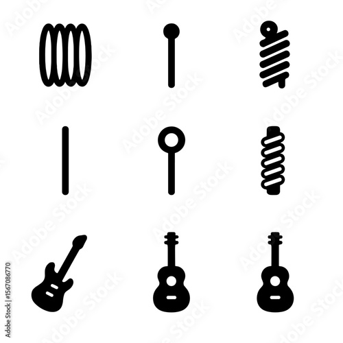 Guitar String Icons. Solid, filled icon set of guitar string types: nylon string, steel string, wound string, plain string, coated