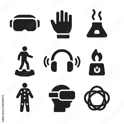 Multi-Sensory VR Icons. Solid, filled icon set of multi-sensory VR experiences: VR headset, haptic gloves, scent emitter, motion