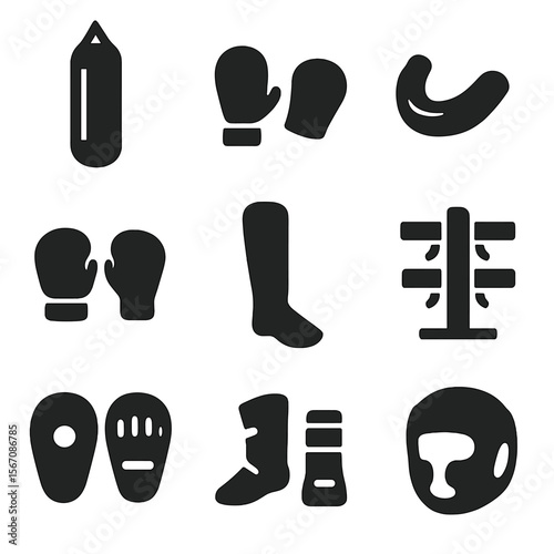 Karate Gear Icons. Solid, filled icon set of karate equipment: punching bag, mitts, mouthguard, gloves, shin guard, headgear, belt