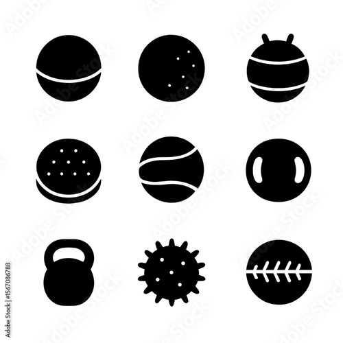 Gym Balls Icon Set. Solid, filled icon set of training and gym balls: medicine ball, slam ball, yoga ball, balance ball, weighted