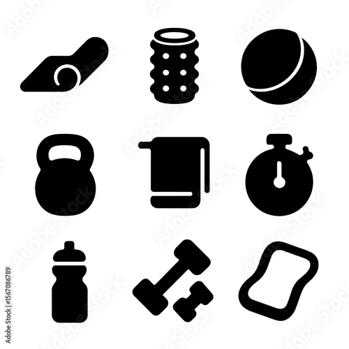 Gym Equipment Icons. Solid, filled icon set of gym floor exercises: exercise mat, foam roller, medicine ball, kettlebell, towel,