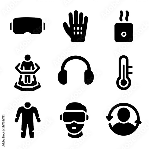 Multi-Sensory VR Icons. Solid, filled icon set of multi-sensory VR experiences: VR headset, haptic gloves, scent emitter, motion
