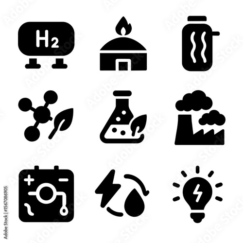 Energy Startup Icons. Solid, filled icons set of hydrogen and bioenergy startups: H2 tank, biogas plant, algae