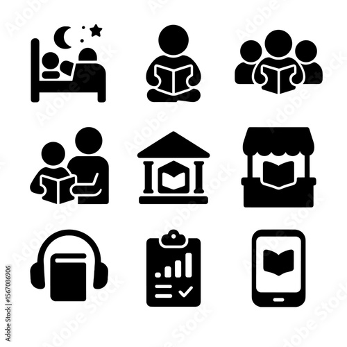 Kids' Reading Habits Icons. Solid, filled icon set of reading habits for kids: bedtime reading, solo reading, group reading,