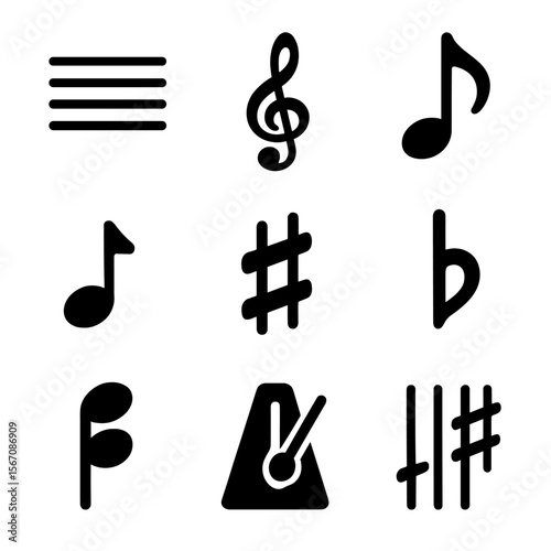 Music Composition Icons. Solid, filled icon set of music composition tools: music staff, clef, note, rest, sharp, flat, chord,