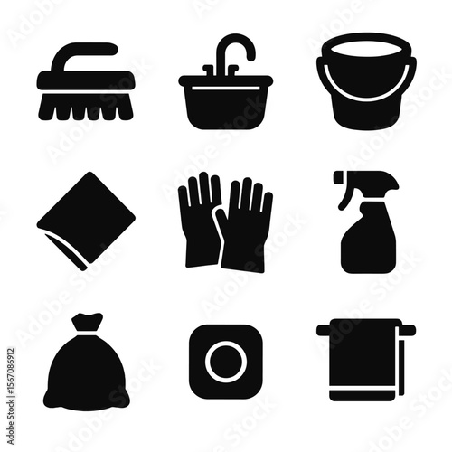Kitchen Cleaning Icons. Solid, filled icon set of kitchen cleaning tools: scrub brush, sink, bucket, rag, rubber gloves, spray