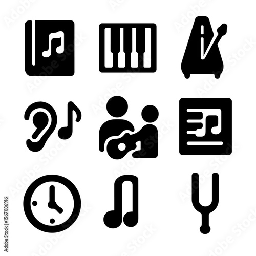 Music Education Icons. Solid, filled icon set of music education: music book, piano keys, metronome, music teacher, ear training,