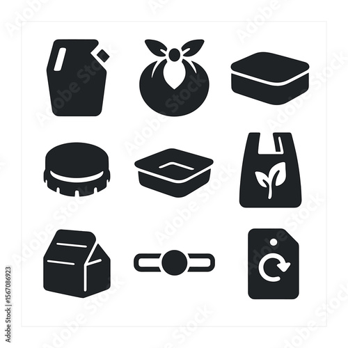Reusable Packaging Icons. Solid, filled icons set of reusable packaging: refill pouch, fabric wrap, tin box,