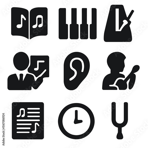 Music Education Icons. Solid, filled icon set of music education: music book, piano keys, metronome, music teacher, ear training,