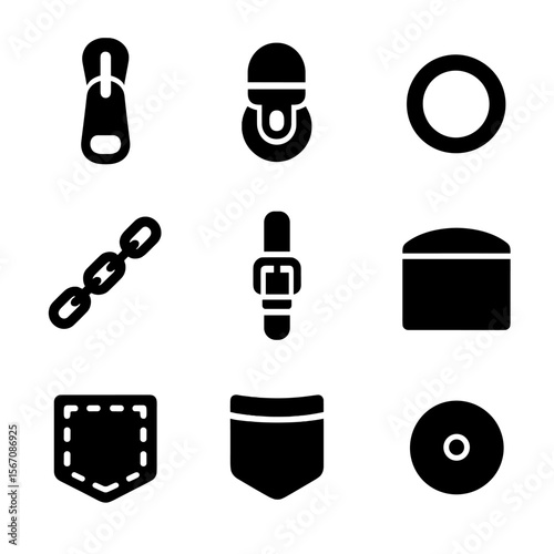 Handbag Icon Set. Solid, filled icon set of handbag components: zipper pull, clasp, ring, chain strap, leather strap, lining,