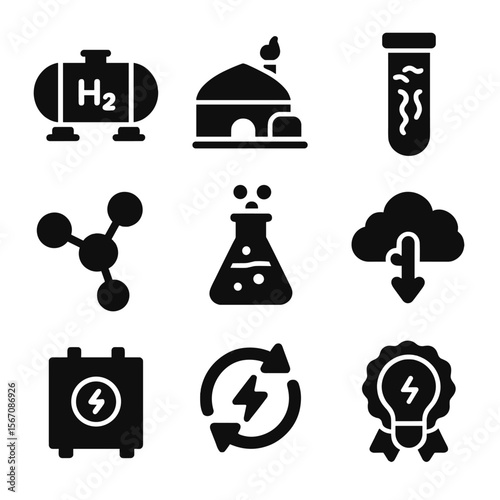 Energy Startup Icons. Solid, filled icons set of hydrogen and bioenergy startups: H2 tank, biogas plant, algae