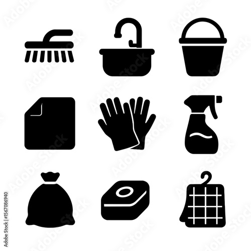 Kitchen Cleaning Icons. Solid, filled icon set of kitchen cleaning tools: scrub brush, sink, bucket, rag, rubber gloves, spray