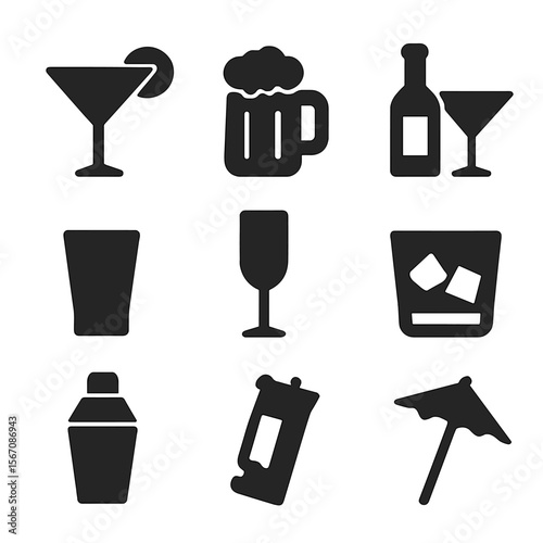 Happy Hour Icons. Solid, filled icon set of happy hour drinks: cocktail glass, beer mug, wine bottle, martini, shot glass,