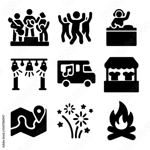 Music Festival Icons. Solid, filled icon set of music festival activities: live band, dancing crowd, DJ booth, stage lights, food