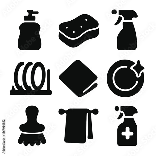 Kitchen Essentials Icons. Solid, filled icon set of clean kitchen counter essentials: dish soap, sponge, spray bottle, drying rack