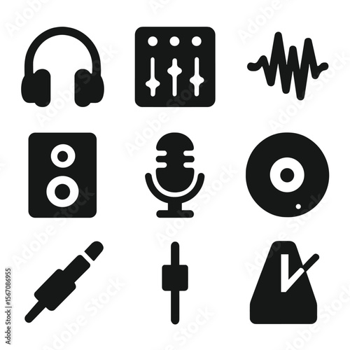 Music Production Icons. Solid, filled icon set of music production: headphones, mixing board, soundwave, speaker, microphone,