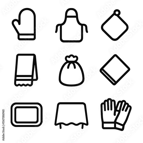 Kitchen Textile Icons. Solid, filled icon set of kitchen textiles: oven mitt, apron, pot holder, kitchen towel, cloth bag, napkin,