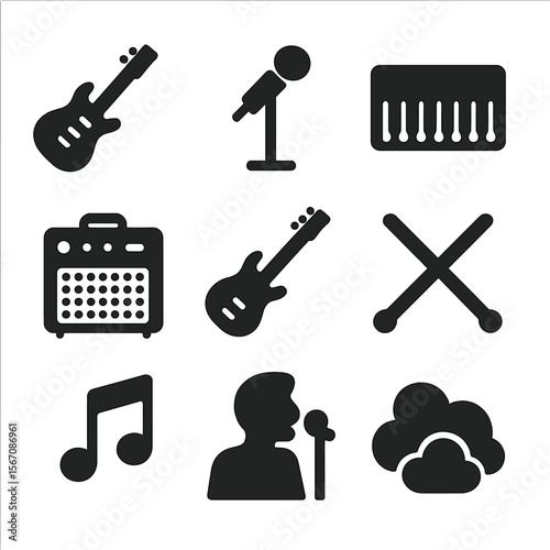 Music Stage Icon Set. Solid, filled icon set of musical performance on stage: electric guitar, microphone stand, keyboard,