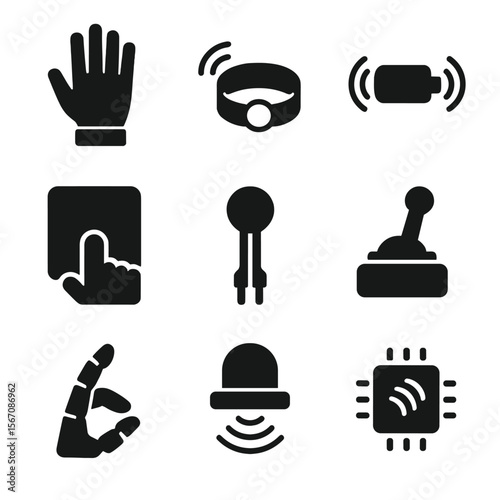 Haptic Devices Icon Set. Solid, filled icon set of haptic feedback devices: haptic glove, wearable band, vibration motor, touchpad