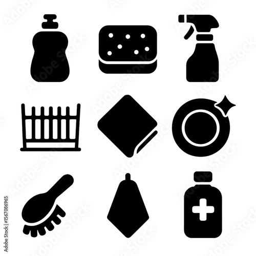 Kitchen Essentials Icons. Solid, filled icon set of clean kitchen counter essentials: dish soap, sponge, spray bottle, drying rack