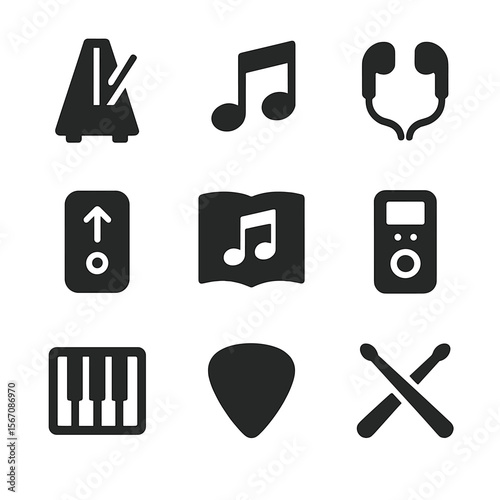 Musical Tools Icons. Solid, filled icon set of musical practice tools: metronome, music notes, earphones, tuner, music book,