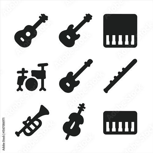 Musical Instruments Icons. Solid, filled icon set of musical instruments: acoustic guitar, electric guitar, piano, drums, bass