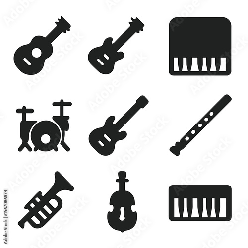 Musical Instruments Icons. Solid, filled icon set of musical instruments: acoustic guitar, electric guitar, piano, drums, bass