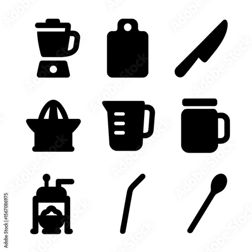 Kitchen Tool Icons. Solid, filled icon set of kitchen tools for juices and smoothies: blender, cutting board, knife, citrus juicer