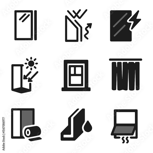 Energy-Efficient Windows Icons. Solid, filled icons set of energy-efficient window materials: double-glazed