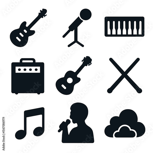 Music Stage Icon Set. Solid, filled icon set of musical performance on stage: electric guitar, microphone stand, keyboard,