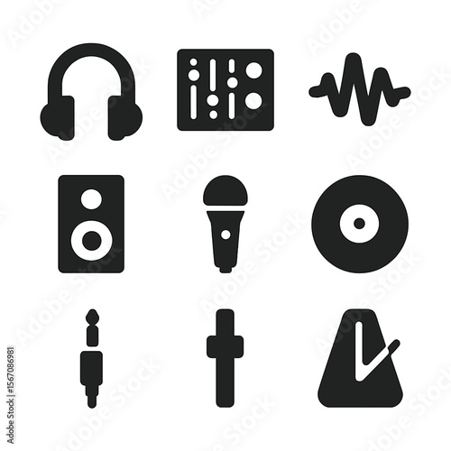 Music Production Icons. Solid, filled icon set of music production: headphones, mixing board, soundwave, speaker, microphone,