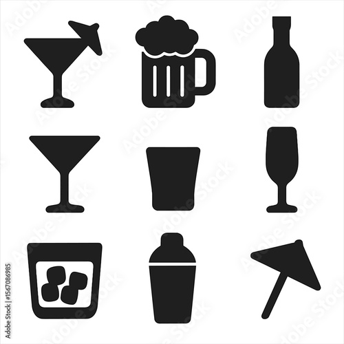 Happy Hour Icons. Solid, filled icon set of happy hour drinks: cocktail glass, beer mug, wine bottle, martini, shot glass,