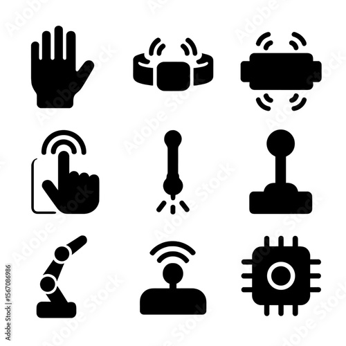 Haptic Devices Icon Set. Solid, filled icon set of haptic feedback devices: haptic glove, wearable band, vibration motor, touchpad