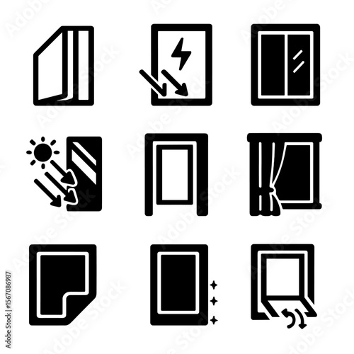 Energy-Efficient Windows Icons. Solid, filled icons set of energy-efficient window materials: double-glazed