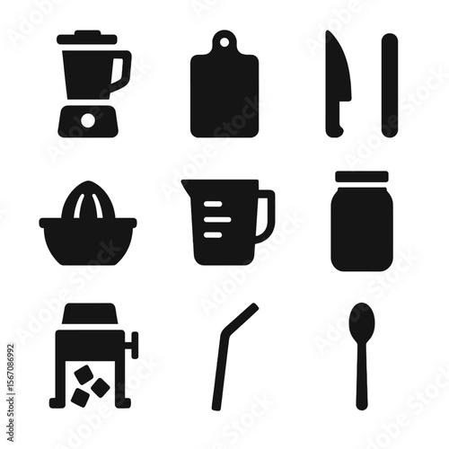 Kitchen Tool Icons. Solid, filled icon set of kitchen tools for juices and smoothies: blender, cutting board, knife, citrus juicer