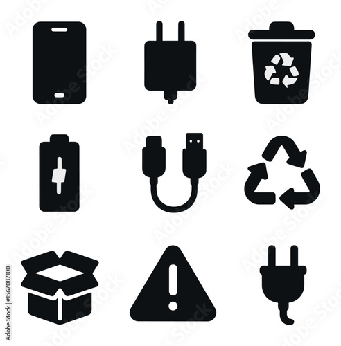 Electronic Recycling Icons. Solid, filled icons set of electronic recycling: phone icon, charger, e-waste bin,