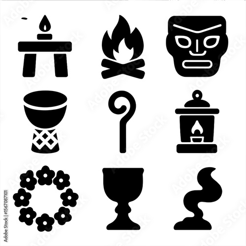 Mythical Ritual Icons. Solid, filled icon set of mythical rituals and celebrations: altar, fire pit, ceremonial mask, drum, staff,