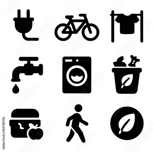 Eco-Friendly Habits Icons. Solid, filled icons set of low impact habits: unplug icon, bike, air dry clothes,